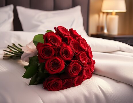 a bouquet of red roses placed on a neatly made bed