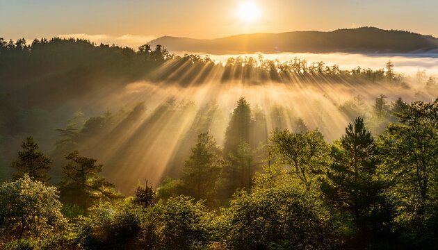 sunbeams pierce through misty forest canopy at sunrise