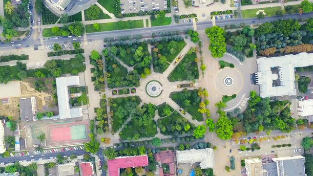 Krasnodar, Russia. Monument to Empress Catherine II in Catherine Square. Drone footage, HEAD OVER SHOT with rotation