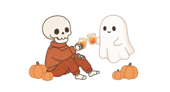 Cute skeleton and white ghost toasting with drinks for Halloween, vector style icon graphic.