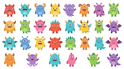 Obraz premium Seamless pattern of cute colorful monsters. Children illustration set with funny characters. Vector design for kids clothes.