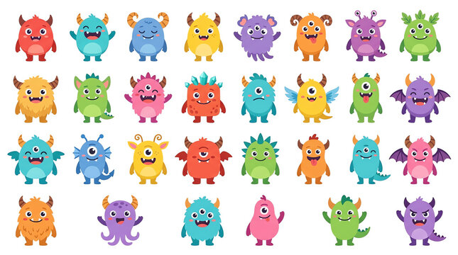 Seamless pattern of cute colorful monsters. Children illustration set with funny characters. Vector design for kids clothes.