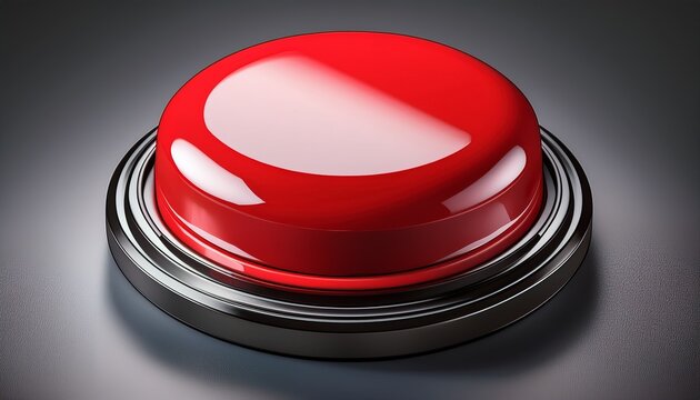 large glossy textured red push button with black border frame on dark grey background for click action and alert interface design concept