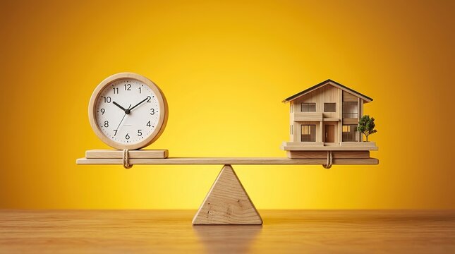 Wooden clock and house model balancing on scales against yellow background representing real estate market timing property investment decisions home ownership.