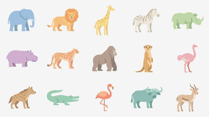 Obraz premium Creative Colorful Cartoon of 15 Distinct African Wildlife Animals in Playful Pastel Shades with high quality professional line art symbols for modern creative design and digital branding projects
