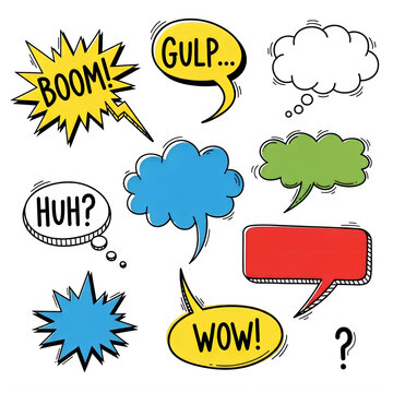 Comic bubble set with hand drawn sound effects and colorful talk clouds question dialogue illustration abstract background isolated