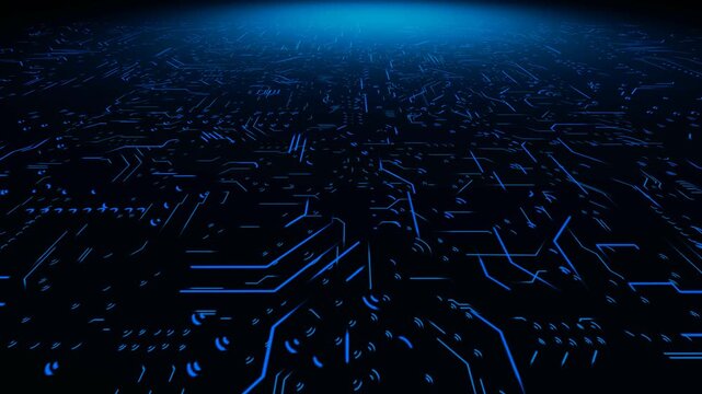 Blue glowing circuit board perspective moving background animation for futuristic technology