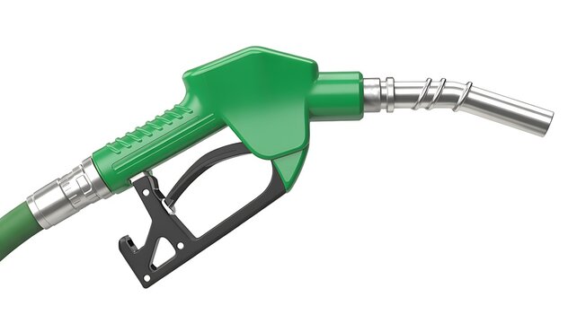 A green fuel nozzle with a black trigger and silver metal spout is shown on a white background