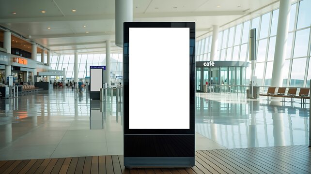 Digital advertising screen with a blank white display in a modern airport terminal concourse with