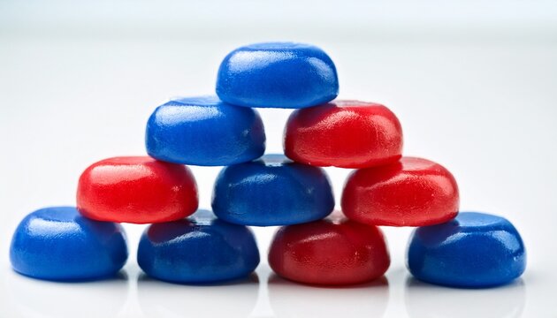 stack of round red white and blue gumdrops on white for sweet nostalgic confectionery fun