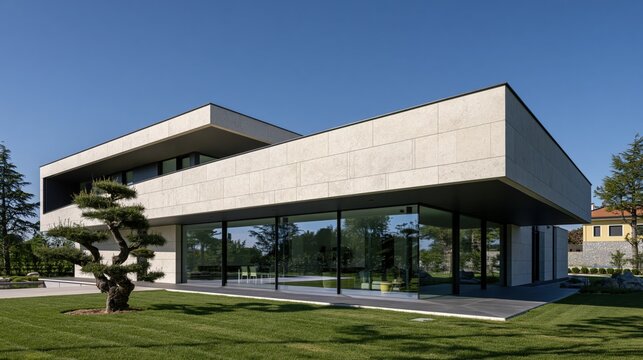 Contemporary Stone House with Glass Walls and Garden Tree