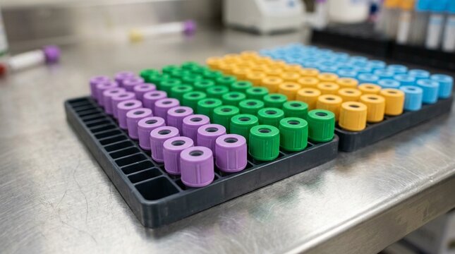 Blood tube caps arranged in neat rows sorted by color at a triage sorting bench.