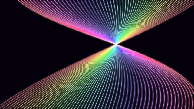 Abstract rainbow lines converging into a bright central focal point on black background