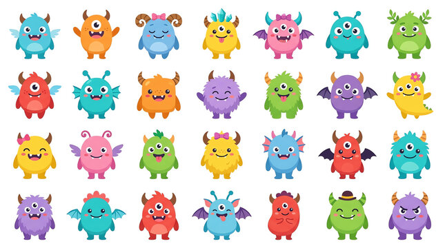 Cute cartoon monsters collection, kawaii vector characters set, colorful imaginary creatures, funny little beast illustrations, isolated on white background for design
