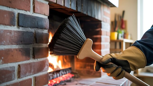 Hand in protective gloves sweeps a brick fireplace with a large bristled brush near a bright, hot