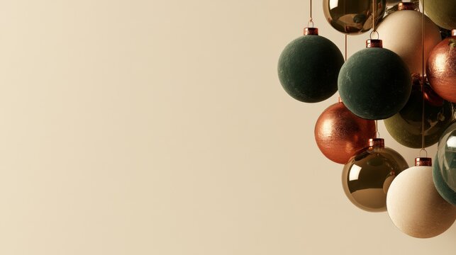 Green, black, gold and bronze Christmas ornaments grouped on a beige background, sophisticated holiday decor, winter celebration, elegant seasonal style, Christmas.