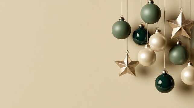 Scandinavian-inspired minimalist Christmas decoration, no text, no letters. Soft warm beige background.