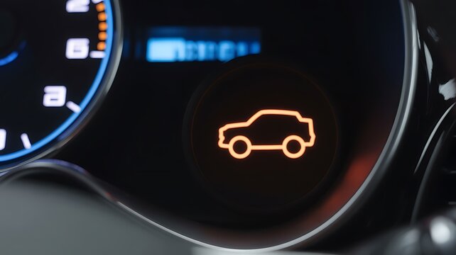 Orange car illuminated on a dark car dashboard next to a speedometer and digital display