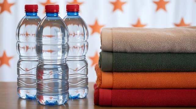 Stack of colorful folded towels next to three clear plastic bottles of water with red caps on a