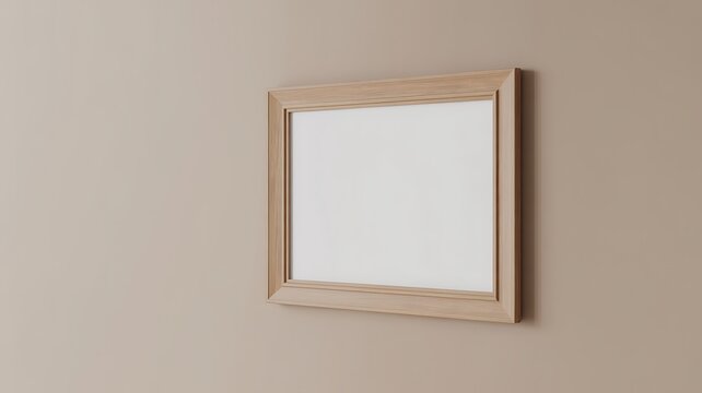 Square light wood frame with a clean border hanging on a plain beige wall empty frame