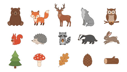 Obraz premium Collection of Woodland Animal Icons Including Bear, Fox, Deer, Owl, Squirrel, Hedgehog, Raccoon, Badger, Rabbit, Mushroom, Acorn