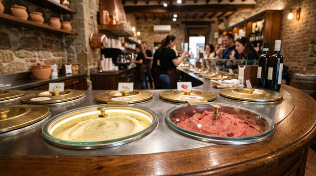 A cozy, rustic Italian gelateria with a curved wooden counter displaying colorful artisanal gelato under transparent dome lids. Customers and staff interact in the softly lit, warm stone interior.