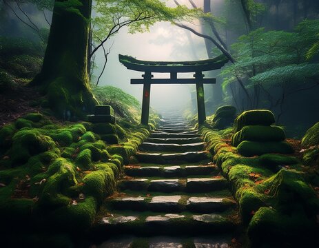 mossy stone staircase leading to a torii gate in misty forest