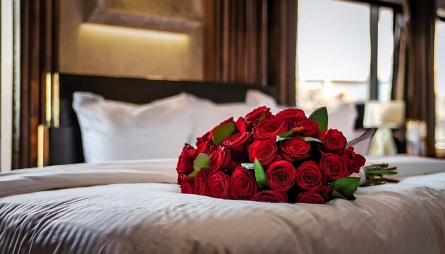 a bouquet of red roses on a neatly made bed in a well lit hotel room