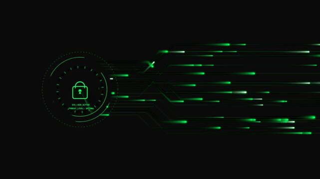 Digital padlock security system with glowing green data streams.
