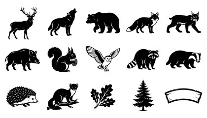 Fototapeta premium Set of Black Animal Silhouettes Including Deer, Wolf, Fox, Raccoon, Badger, Hedgehog, Squirrel, Owl, and Pine Tree