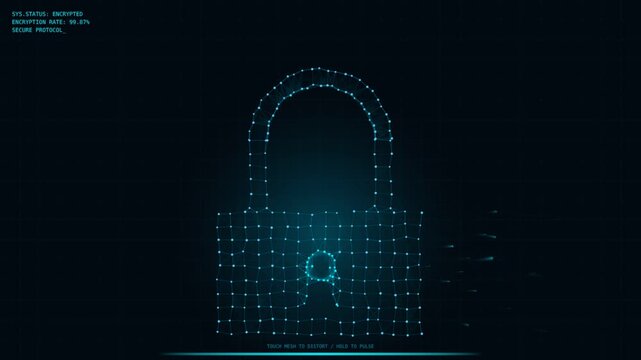 Digital padlock mesh glowing with data stream particles on dark background animation.