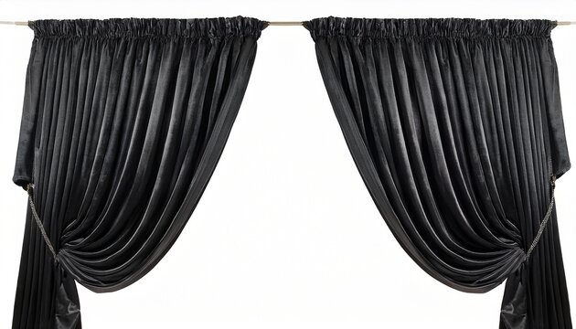 a pair of black velvet curtains draped elegantly against a white background on a clear backgrounor white background