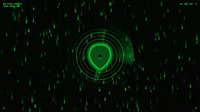 Abstract digital padlock on dark matrix background with falling binary code numbers motion.