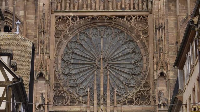 Gothic architecture of the Cathedral of Our Lady of Strasbourg showing the rose window in France