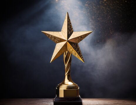 a golden star trophy is featured on a dark foggy background creating a dramatic and inspiring image that represents success and aspiration