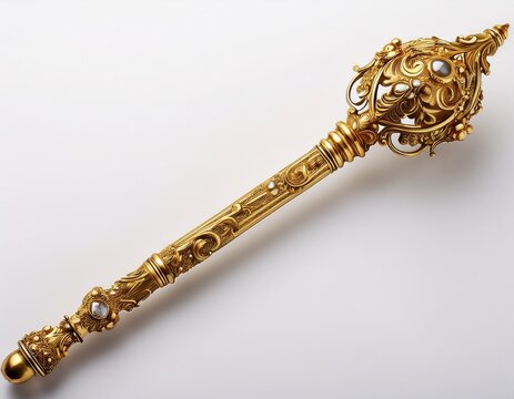 an ornate golden scepter with intricate detailing resplendent and ready for ceremony on a clear backgrounor white background