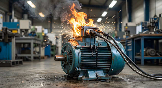 Large blue industrial electric motor on fire with sparks and black melting oil in factory.