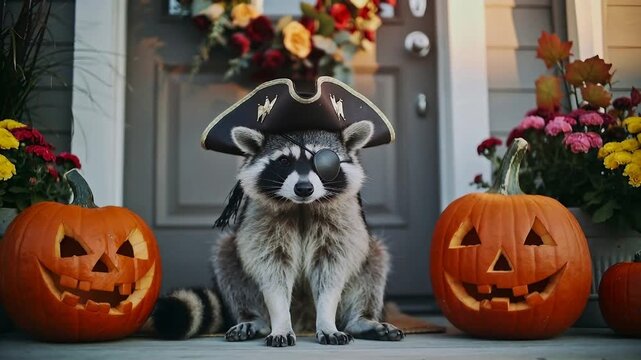 Raccoon in pirate hat sits by pumpkins on porch during Halloween season