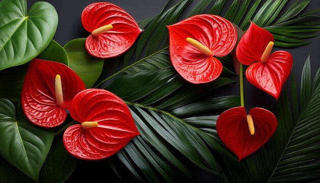 red anthurium flowers and leaves on a black background