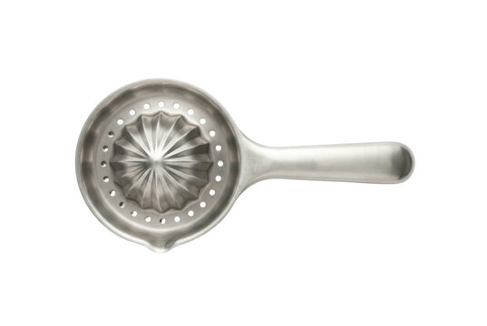 Metal handheld lemon squeezer on black background.