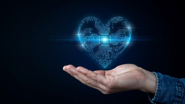 Digital circuit board pattern shaped like human heart floating over human palm representing advanced health monitoring technology or bioengineering innovative medical connectivity concept.