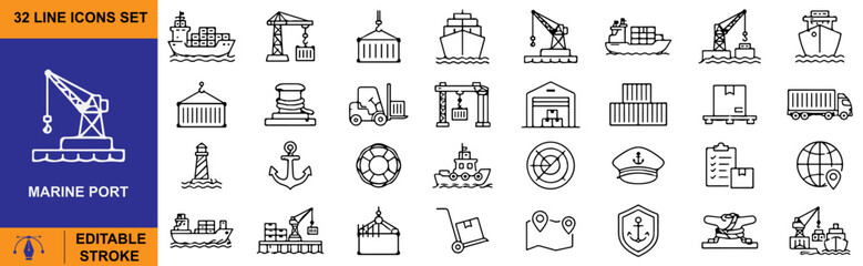 Naklejka premium 32 Marine Port Vector Outline Icons Set – Shipping, Cargo, Harbor, Crane and Maritime Transport Symbols Collection