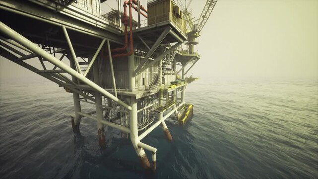 Lowangle platform leg over deep ocean, structural braces and flanges in focus, stability assessment vibe, drone inspection concept, weathered paint and weld