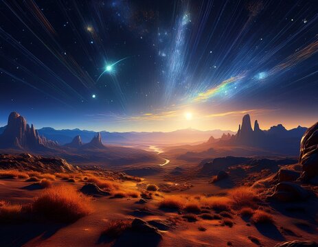 sunlit alien landscape under starry night sky
