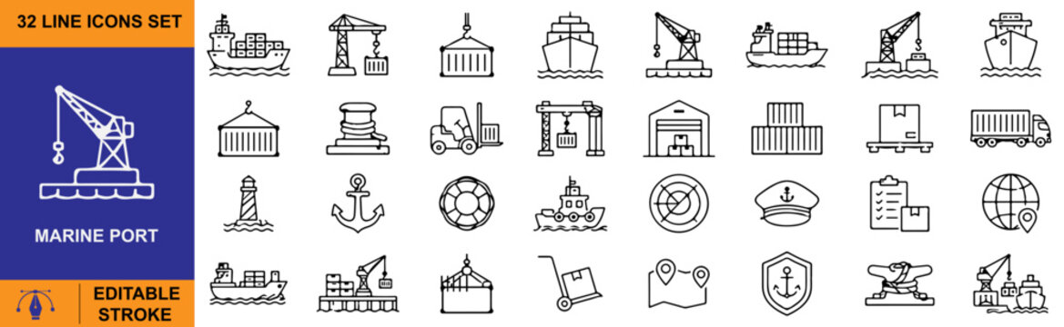 32 Marine Port Vector Outline Icons Set &ndash; Shipping, Cargo, Harbor, Crane and Maritime Transport Symbols Collection