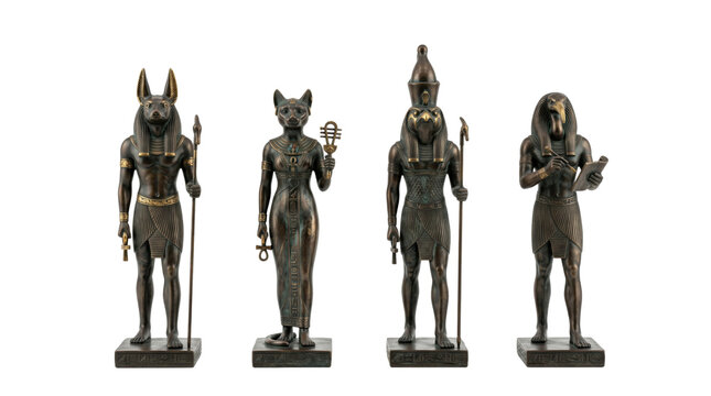 Four bronze ancient Egyptian deity statues isolated on transparent background