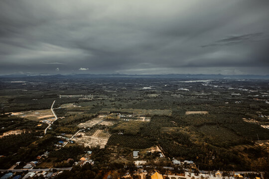 Aerial panoramic view of limestone mountain peaks and tropical rainforest in Krabi province, Thailand
