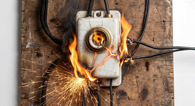 Vintage ceramic fuse box on wooden mounting board catching fire with bright orange sparks and cracking porcelain.