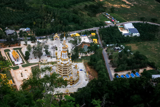 Aerial top view of Wat Tham Suea Tiger Cave Temple complex in Krabi, Thailand