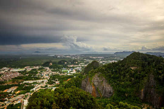 Aerial panoramic view of limestone mountain peaks and tropical rainforest in Krabi province, Thailand